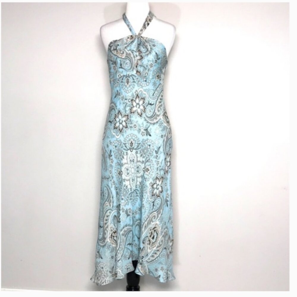 Ann Taylor Blue & Tan 100% Silk Paisley Floral Halter Dress Midi Size 12P
